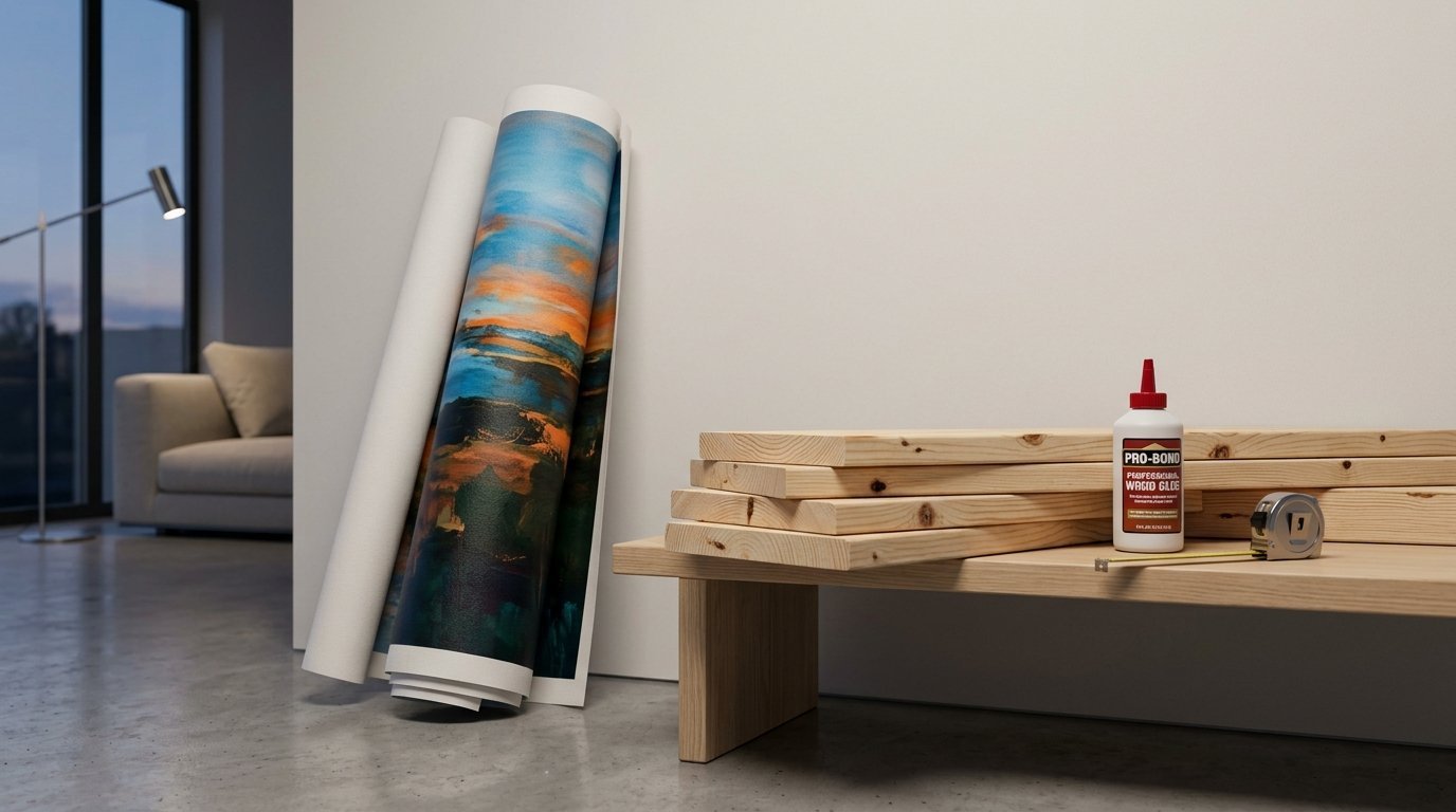 Rolled landscape art print leaning against a wall next to wooden planks and adhesive on a workbench.