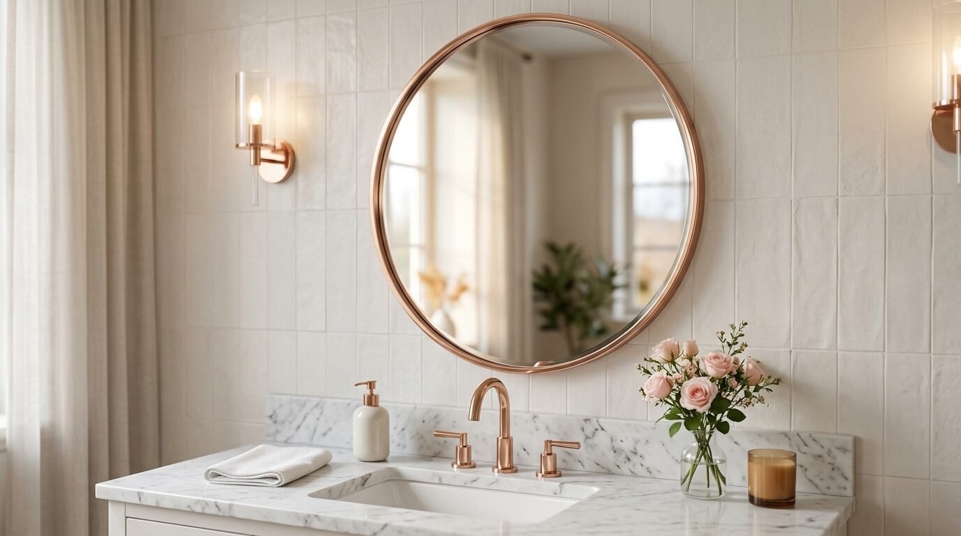 Round metallic mirror on white tile wall with marble sink, flowers, and glowing sconce lights.