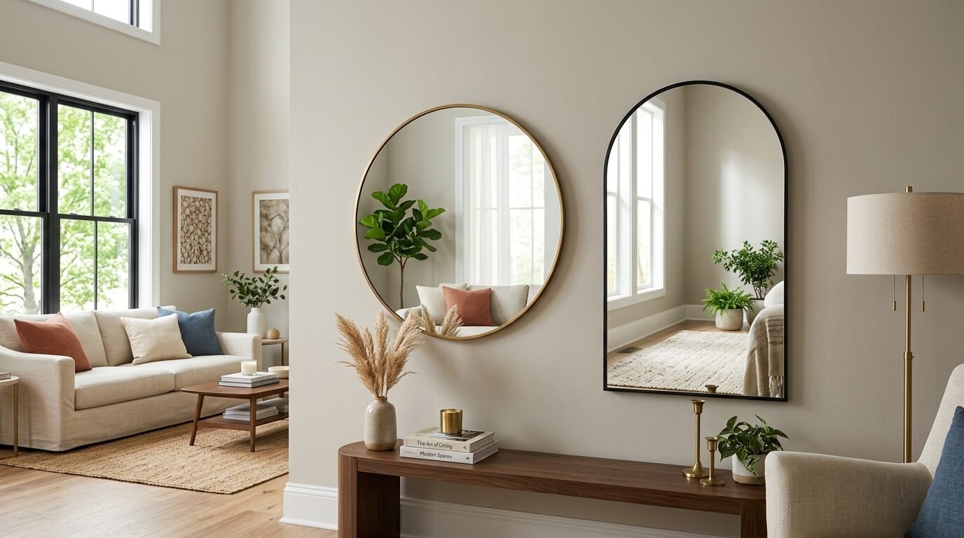 A circular gold mirror and a black arched mirror hanging above a wooden console table in a bright home interior.