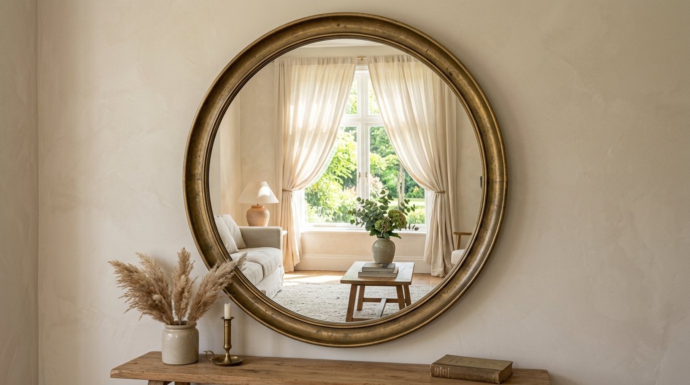Round antique gold framed mirror hanging above a wooden console table reflecting a bright, elegant interior room.
