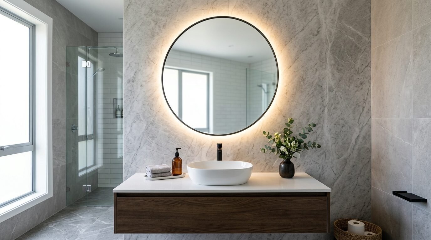 Round mirror with LED backlight above a white vessel sink on a floating wood vanity.