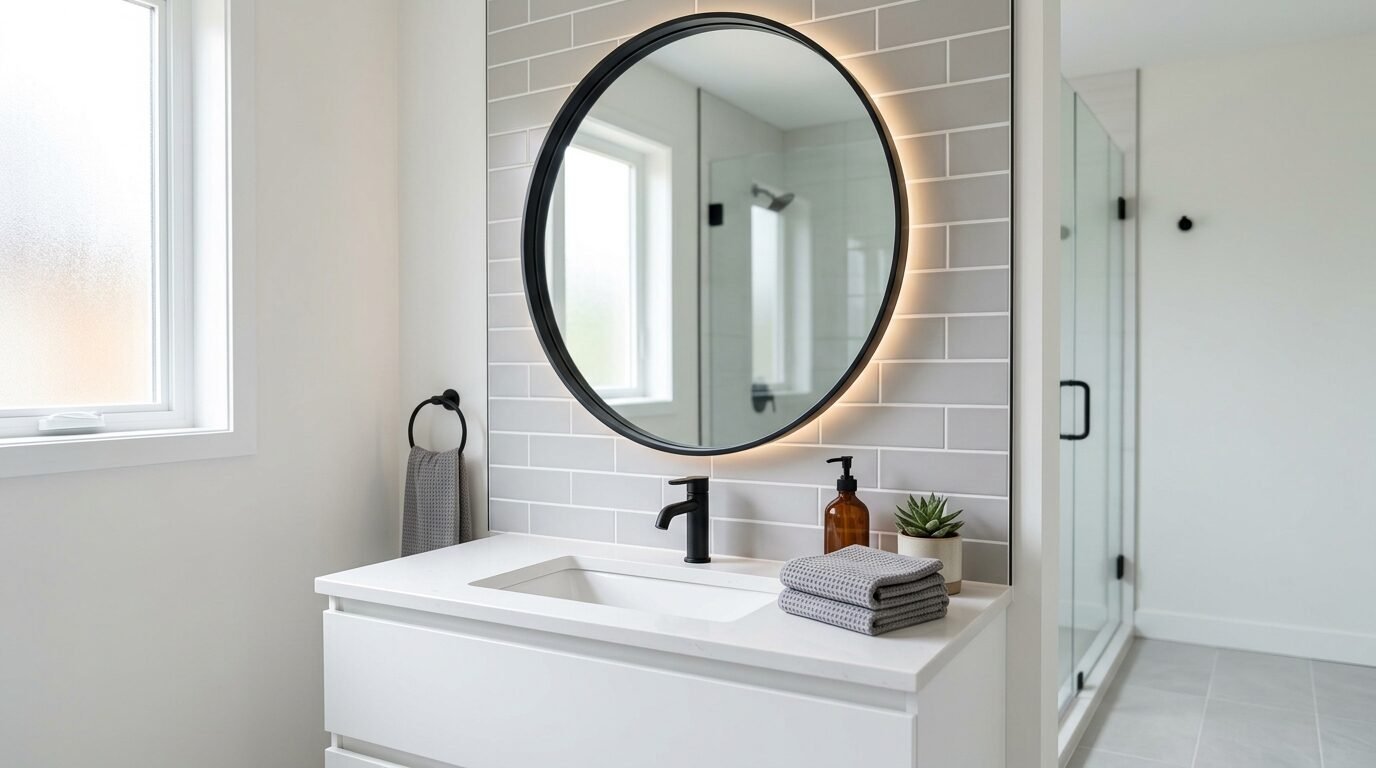 Contemporary bathroom with a circular glowing mirror, white countertop, and grey subway tile backsplash.