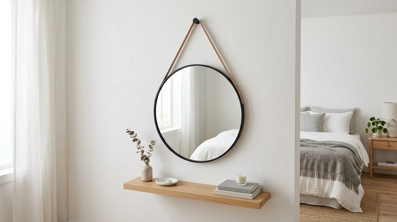 Round black mirror with leather straps hanging above a minimalist wooden shelf in a bright room.
