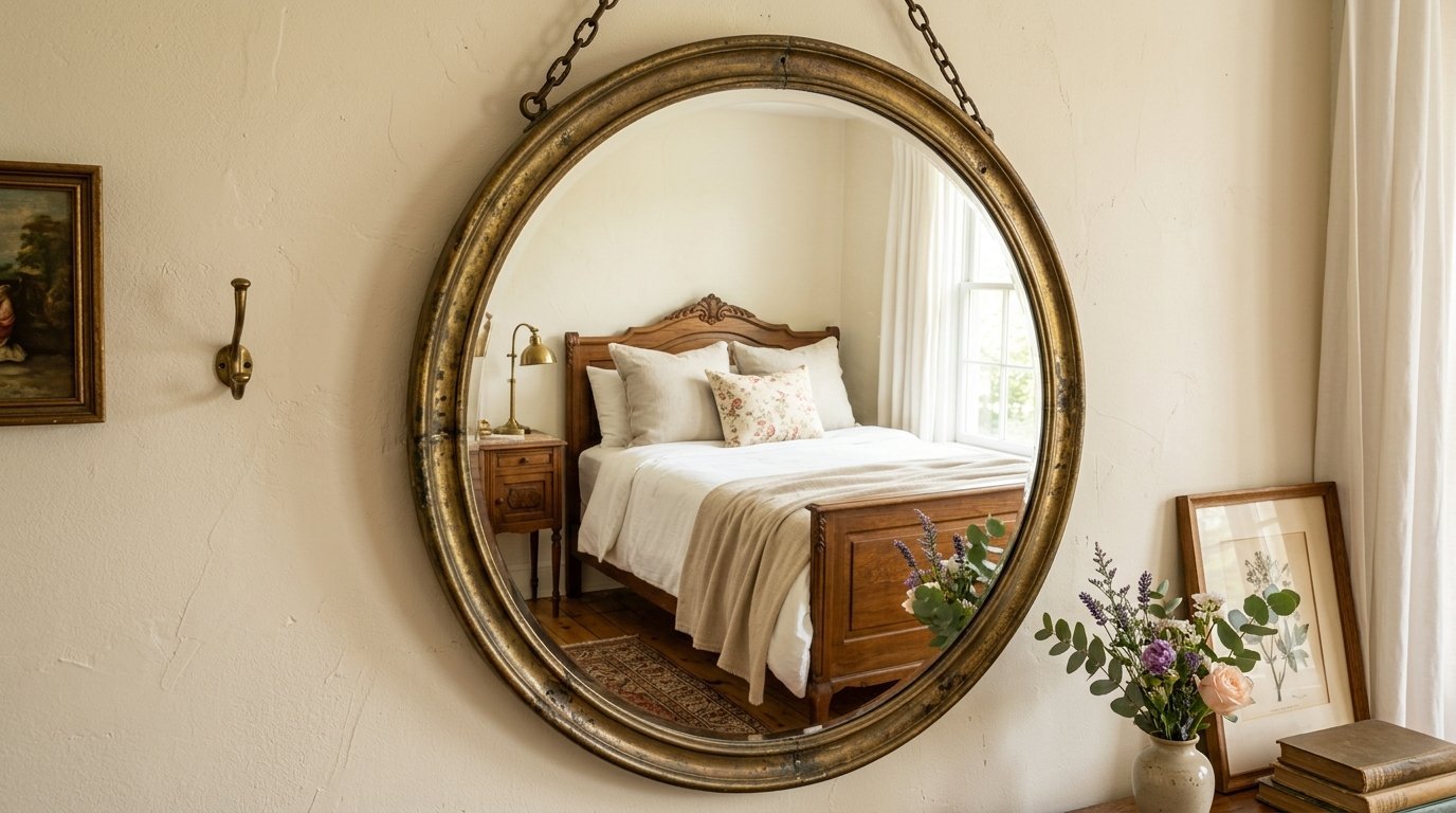 Round vintage wall mirror hanging on a beige wall with a reflected view of a wooden bed and bedside lamp.
