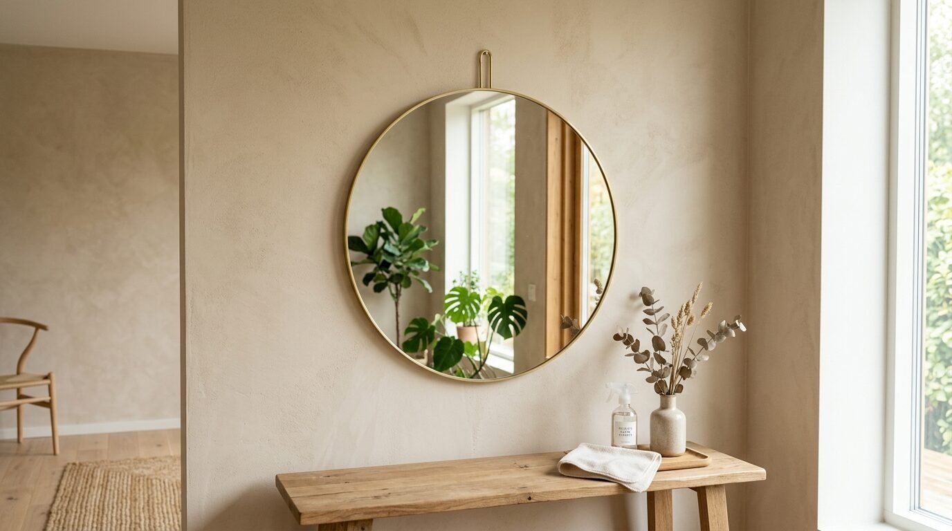 Round mirror with brass frame mounted on a beige wall above a wooden table with dried eucalyptus stems.