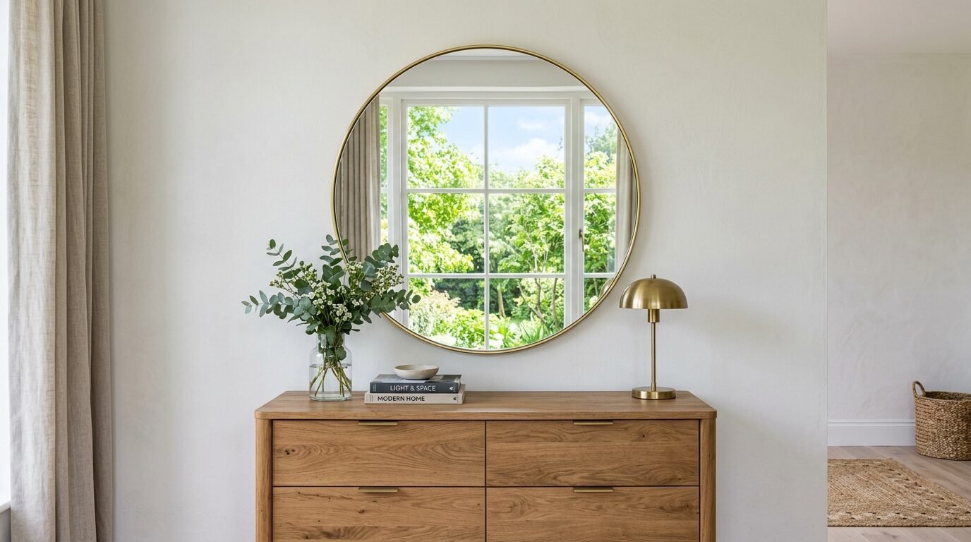 Wooden dresser with a brass lamp, vase of eucalyptus, and a large round wall mirror showing window reflection.