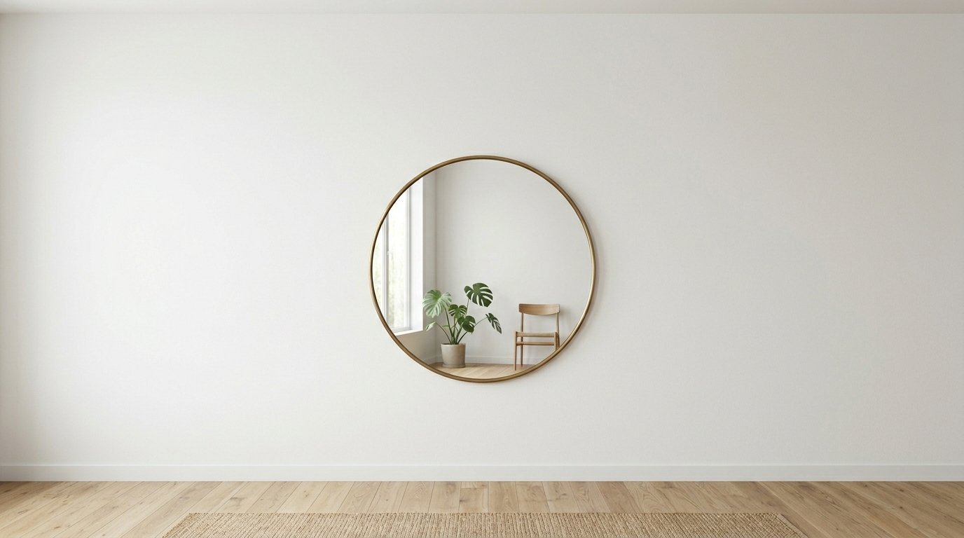 A circular brass wall mirror reflects a potted monstera plant and a wooden chair in a bright room.
