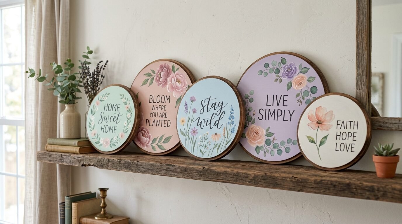 A rustic wooden shelf holding five circular signs with inspirational phrases surrounded by watercolor flower designs.