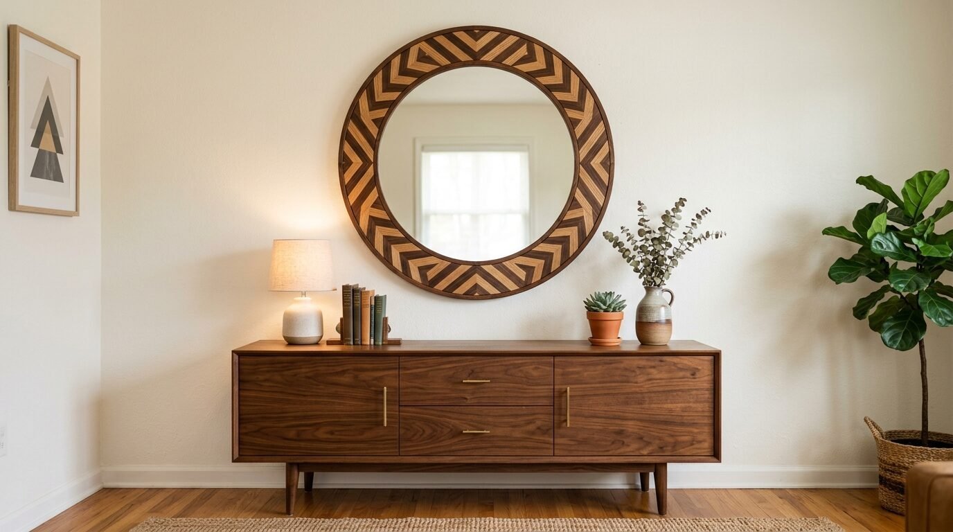 Round mirror with chevron inlaid wood frame mounted on a white wall above a walnut sideboard with decor.