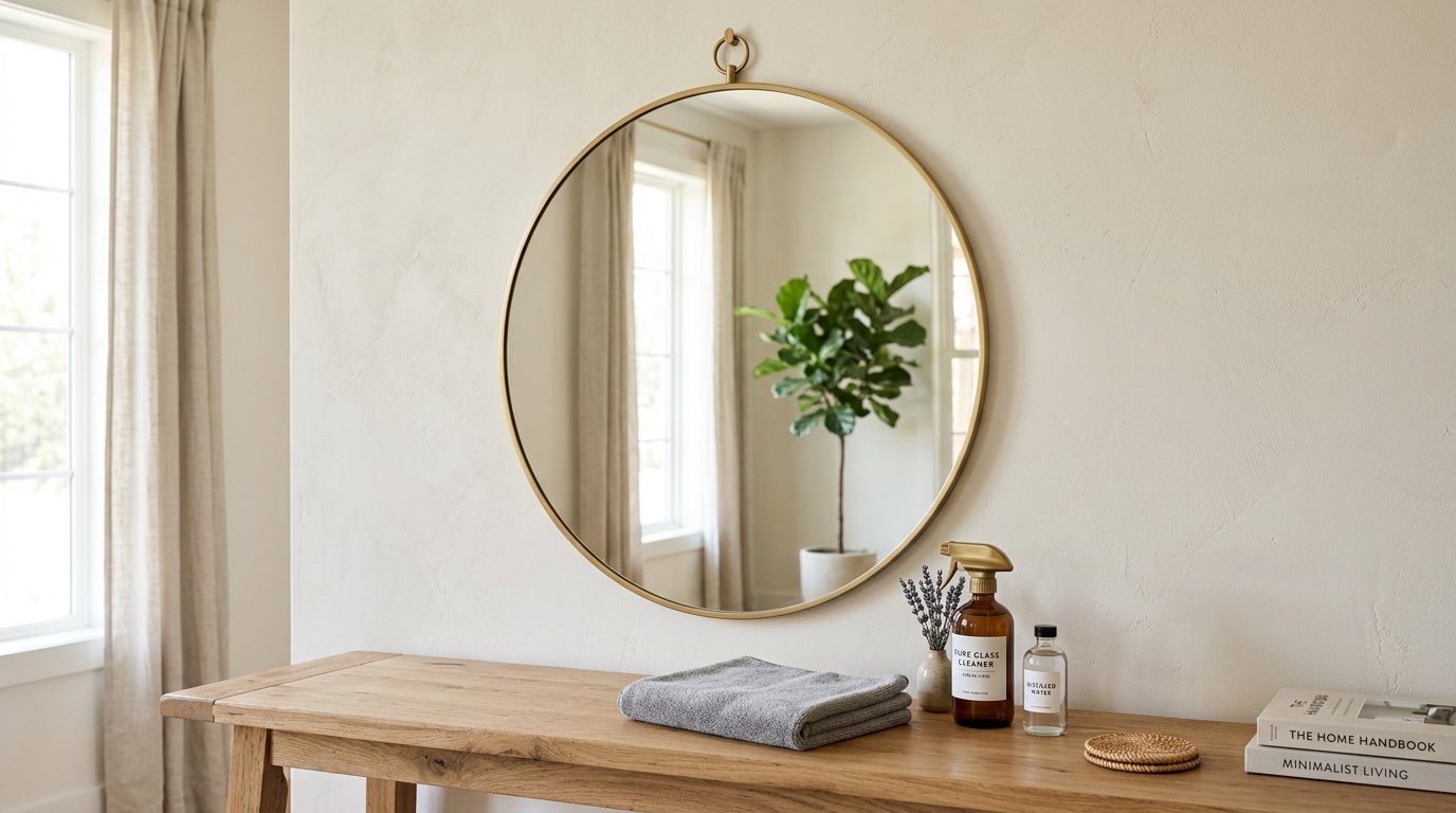 A round wall mirror with a gold rim reflecting a leafy houseplant next to a wooden table with cleaning supplies.