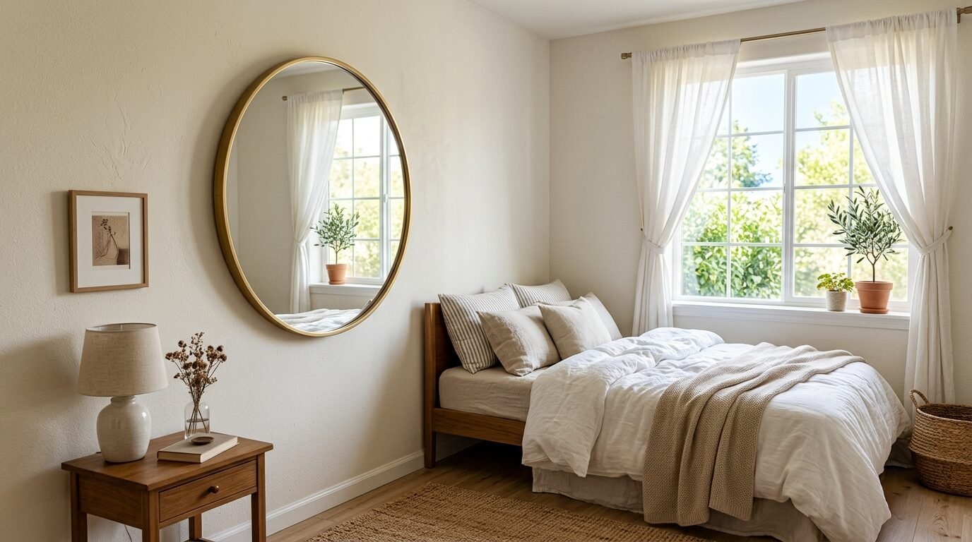 A serene bedroom with a wooden bed frame, round wall mirror, and natural sunlight filtering through sheer curtains.