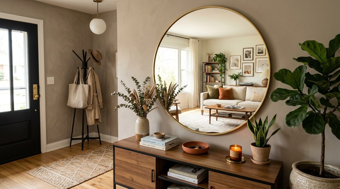 A wooden console table under a circular mirror showing a view into a living room with a couch and indoor plants.