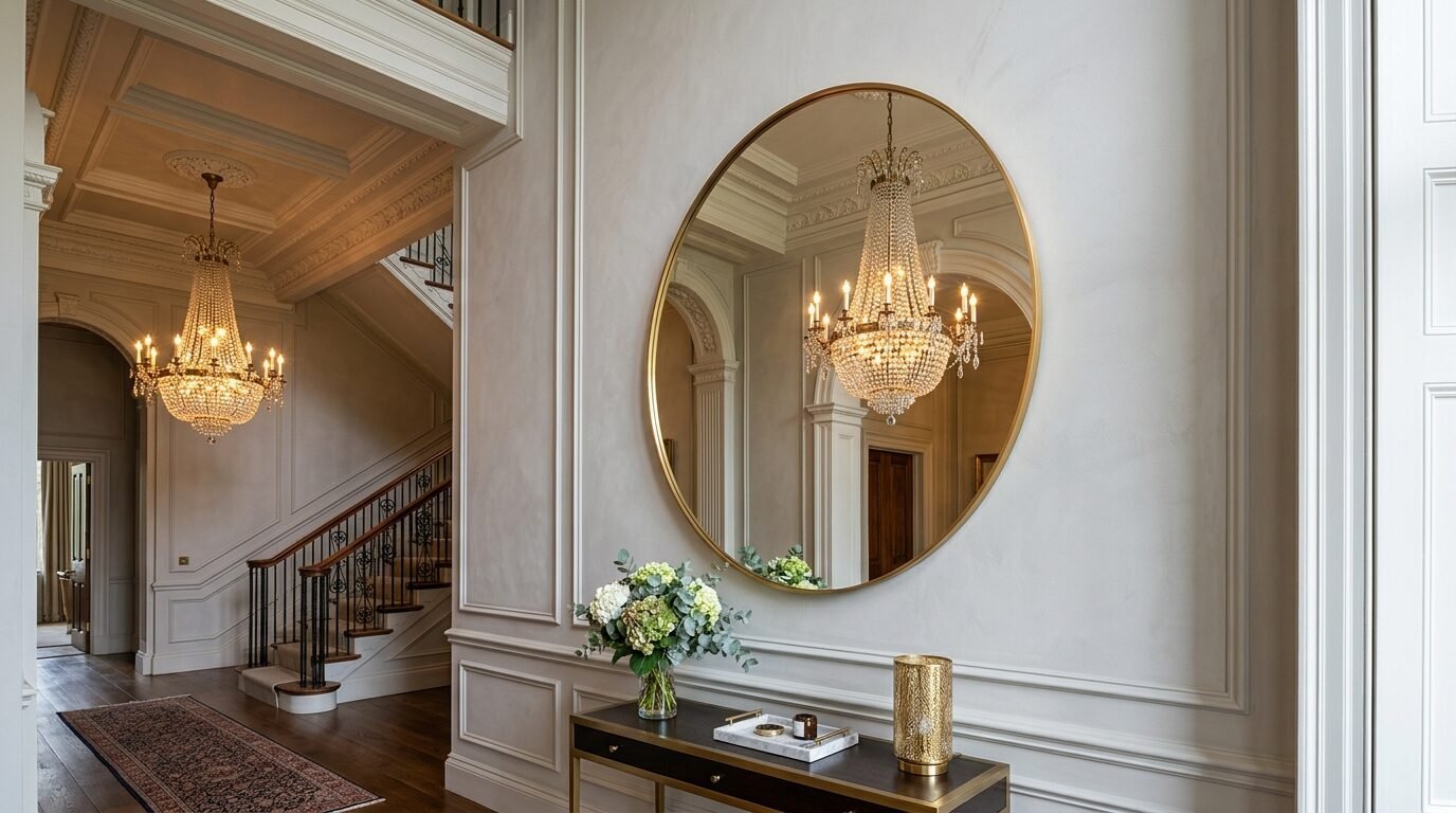 Round gold mirror reflects a crystal chandelier in an elegant home hallway.