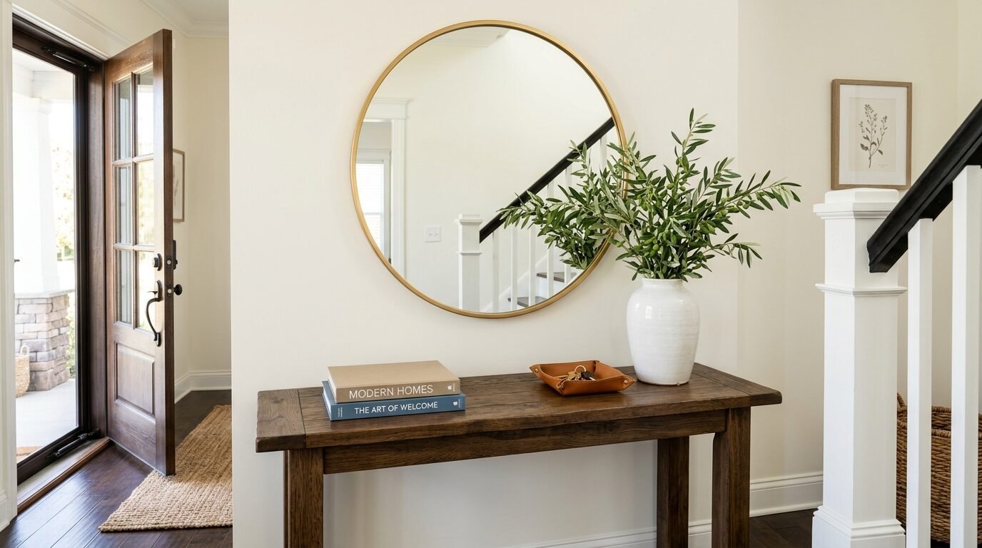 A wooden entryway table featuring a white vase with olive branches and a stack of books beneath a gold-rimmed mirror.