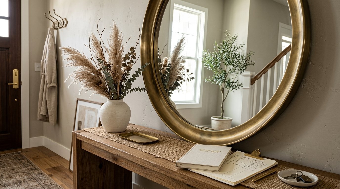 Modern foyer console table with pampas grass, a gold round mirror, notebook, and keys near a front door.