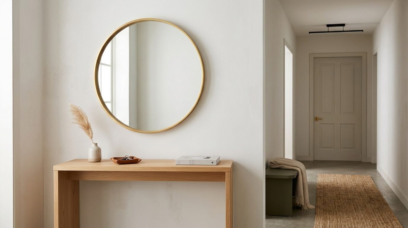 A round gold-rimmed mirror hangs above a wooden console table with a small vase, tray, and book in a neutral hallway.