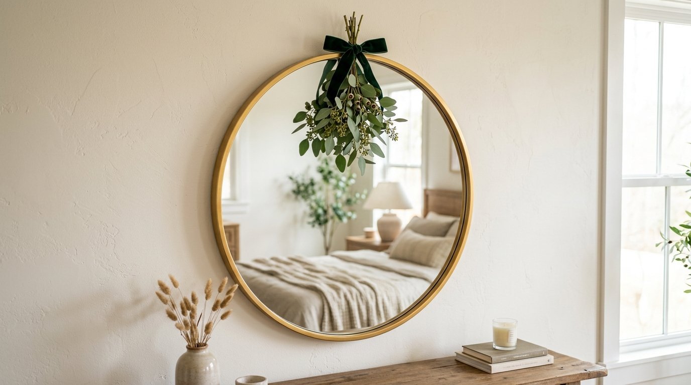 Round mirror with a gold frame hanging above a wooden console table featuring a fresh eucalyptus arrangement.