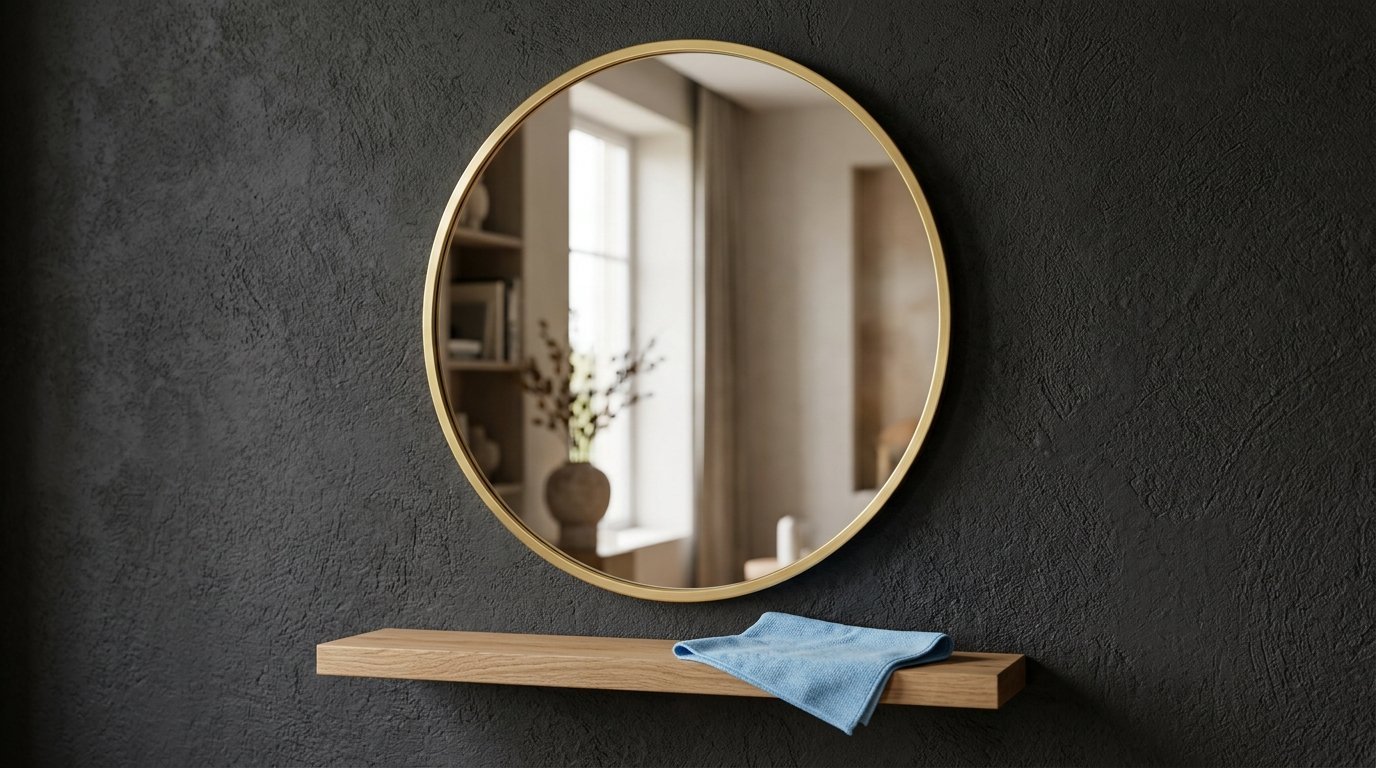 Round gold wall mirror mounted above a light oak shelf with a blue cleaning cloth resting on top.
