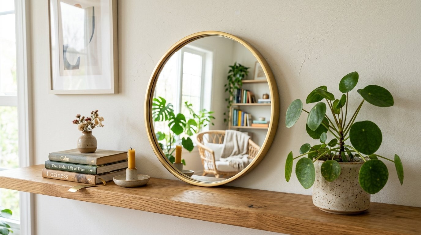 A round gold mirror reflects a room interior while sitting on a wooden shelf next to a potted pilea and books.