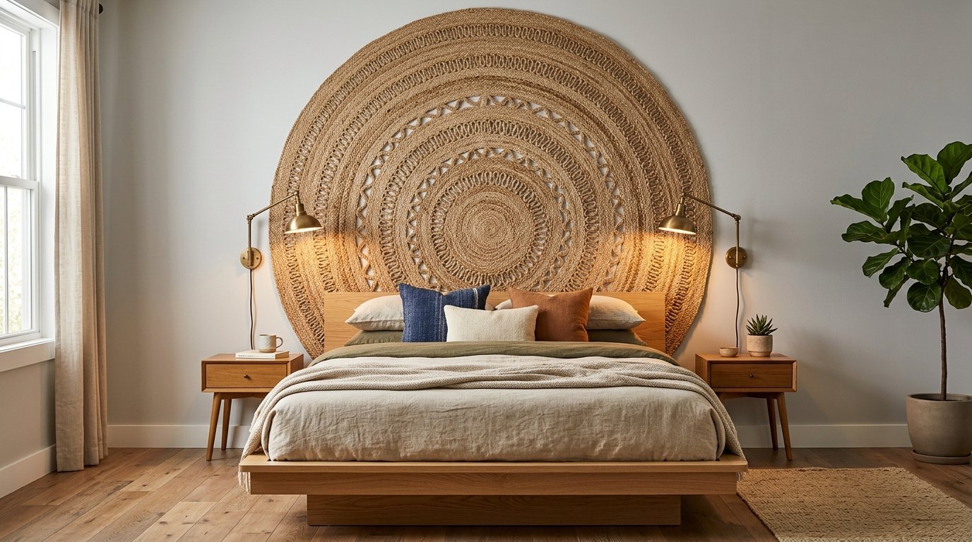 A bedroom featuring a giant round braided natural fiber wall decor piece centered above a wooden bed frame.