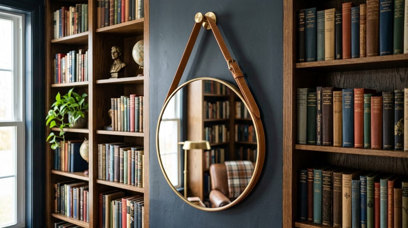 Round brass-framed mirror suspended by a buckled leather belt on a dark blue wall.