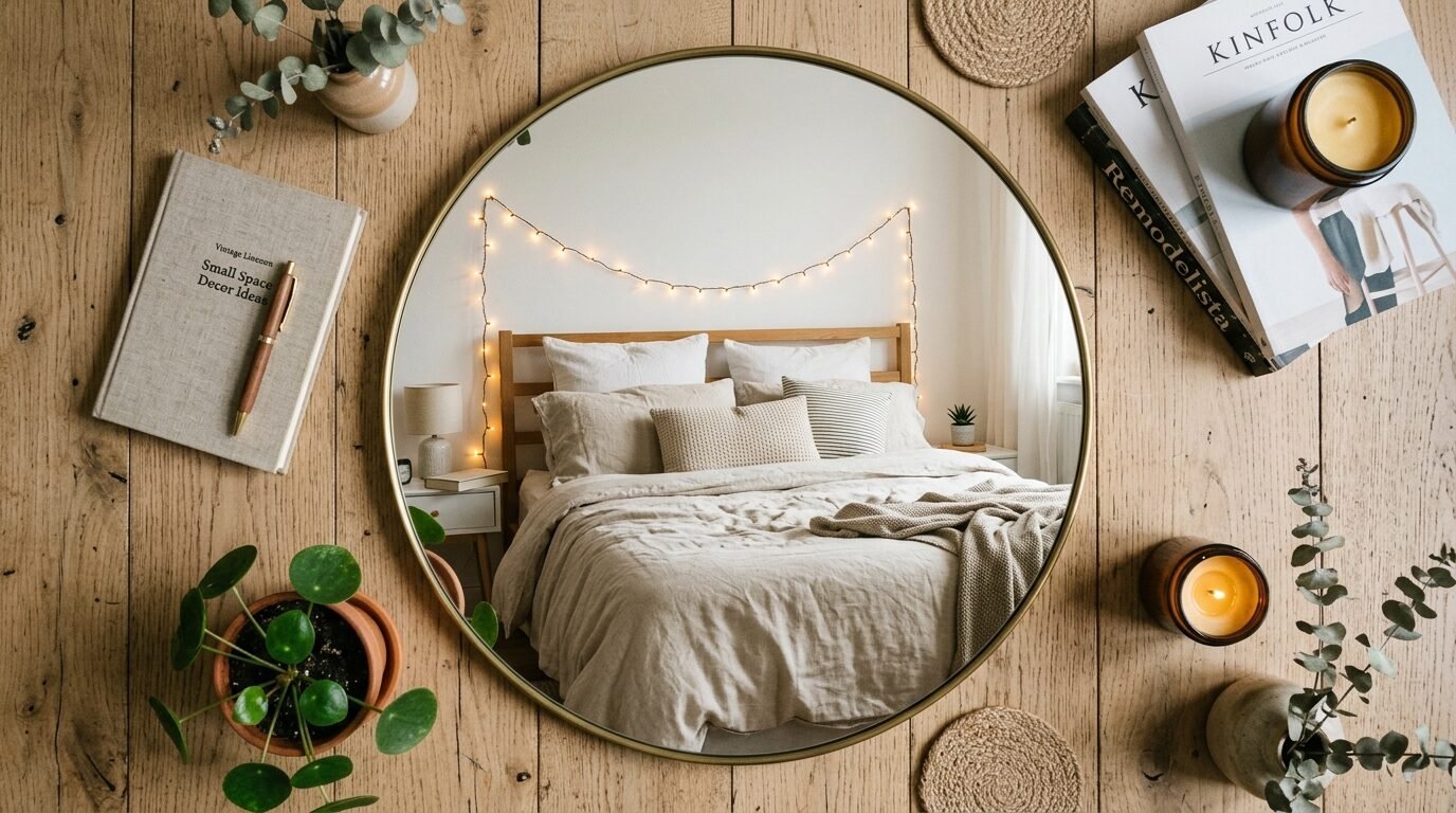Round gold mirror on a wood wall reflecting a bed with neutral linens and fairy lights.