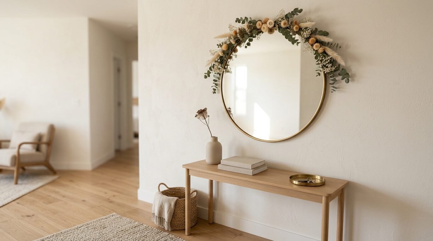Round gold-rimmed mirror adorned with dried flowers above a wooden console table in a bright home entryway.