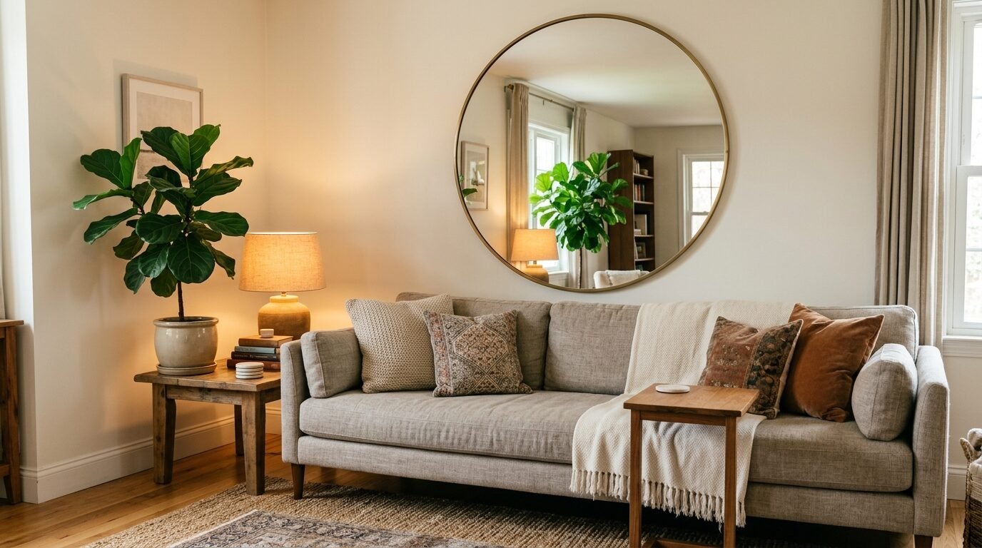 A beige couch with decorative pillows and a throw blanket sits under a circular wall mirror in a sunlit living room.