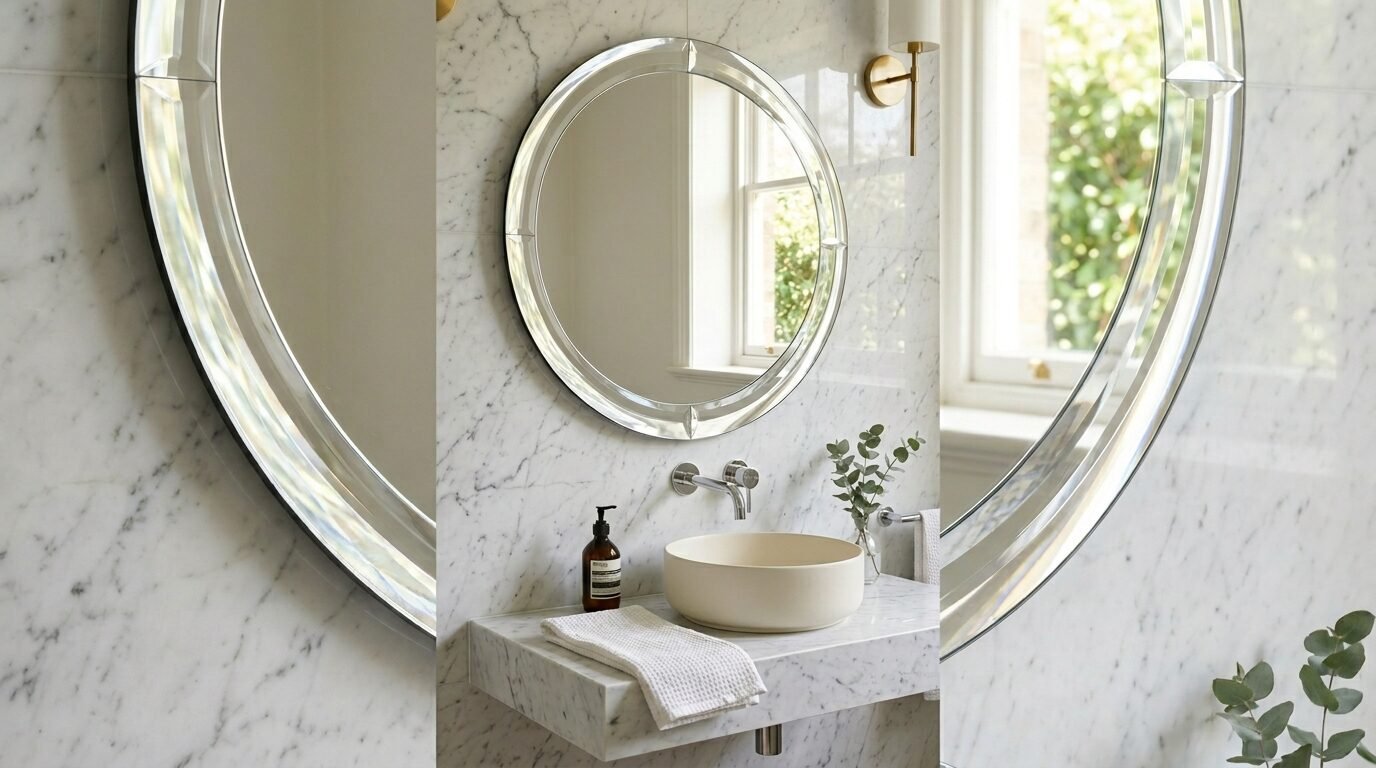 Close-up of a circular wall mirror reflecting a window above a white vessel sink on a marble countertop.