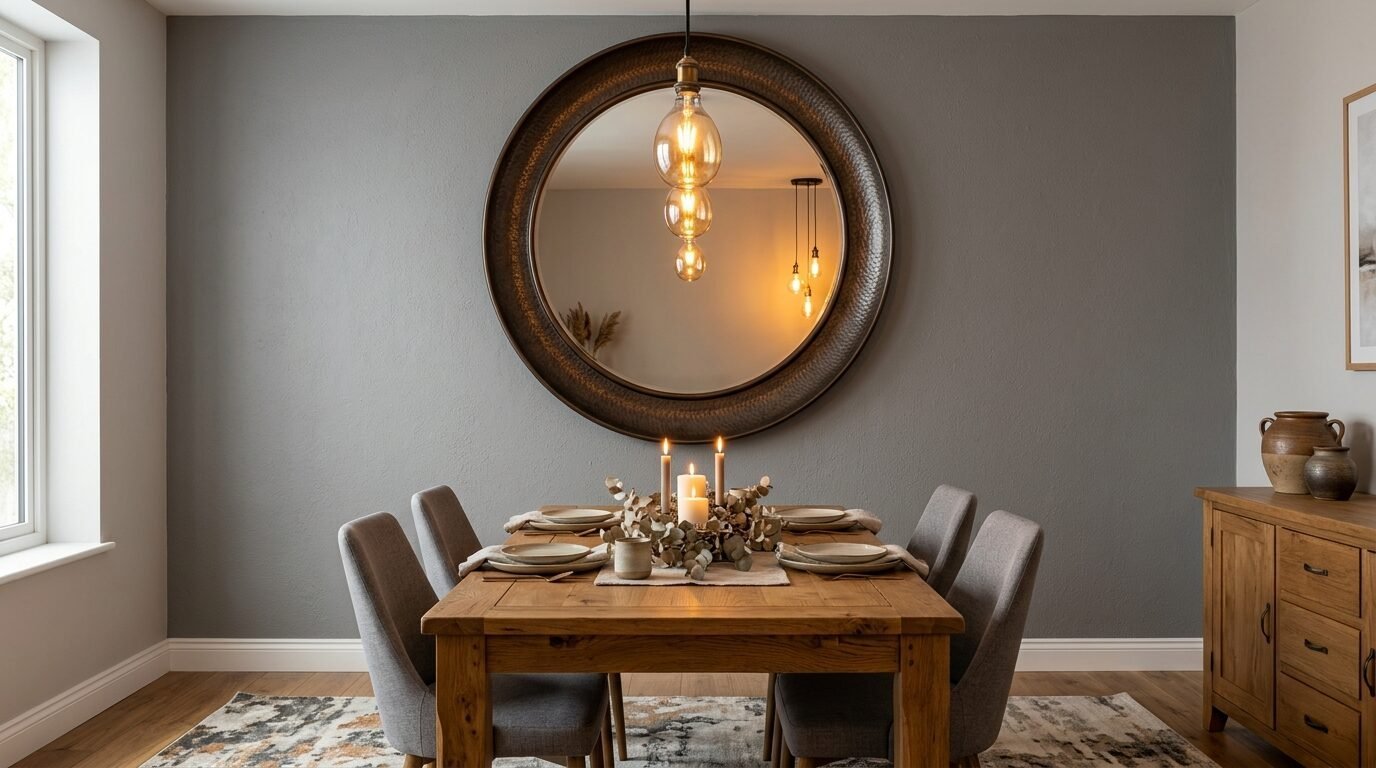 Wooden dining table with candles and grey chairs centered under a round metal mirror on a dark grey wall.