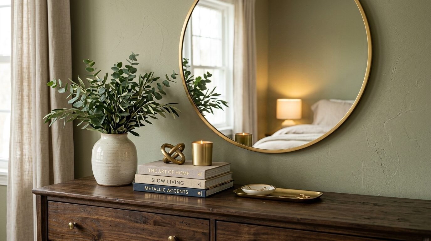 A round gold mirror hanging over a wooden dresser with a vase of greenery, a burning candle, and stacked coffee table books.