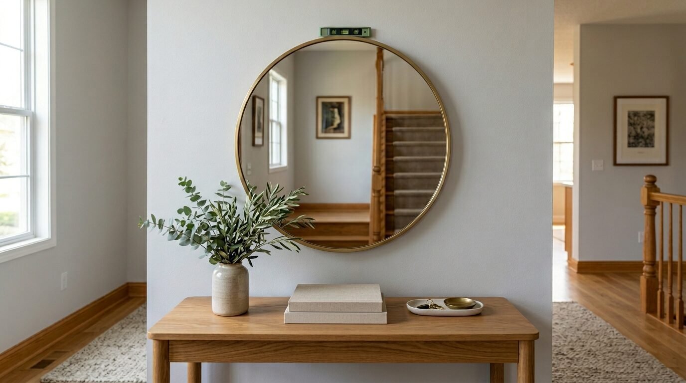 Round gold mirror, eucalyptus vase, and decor books on an oak entryway console table in a bright home interior.