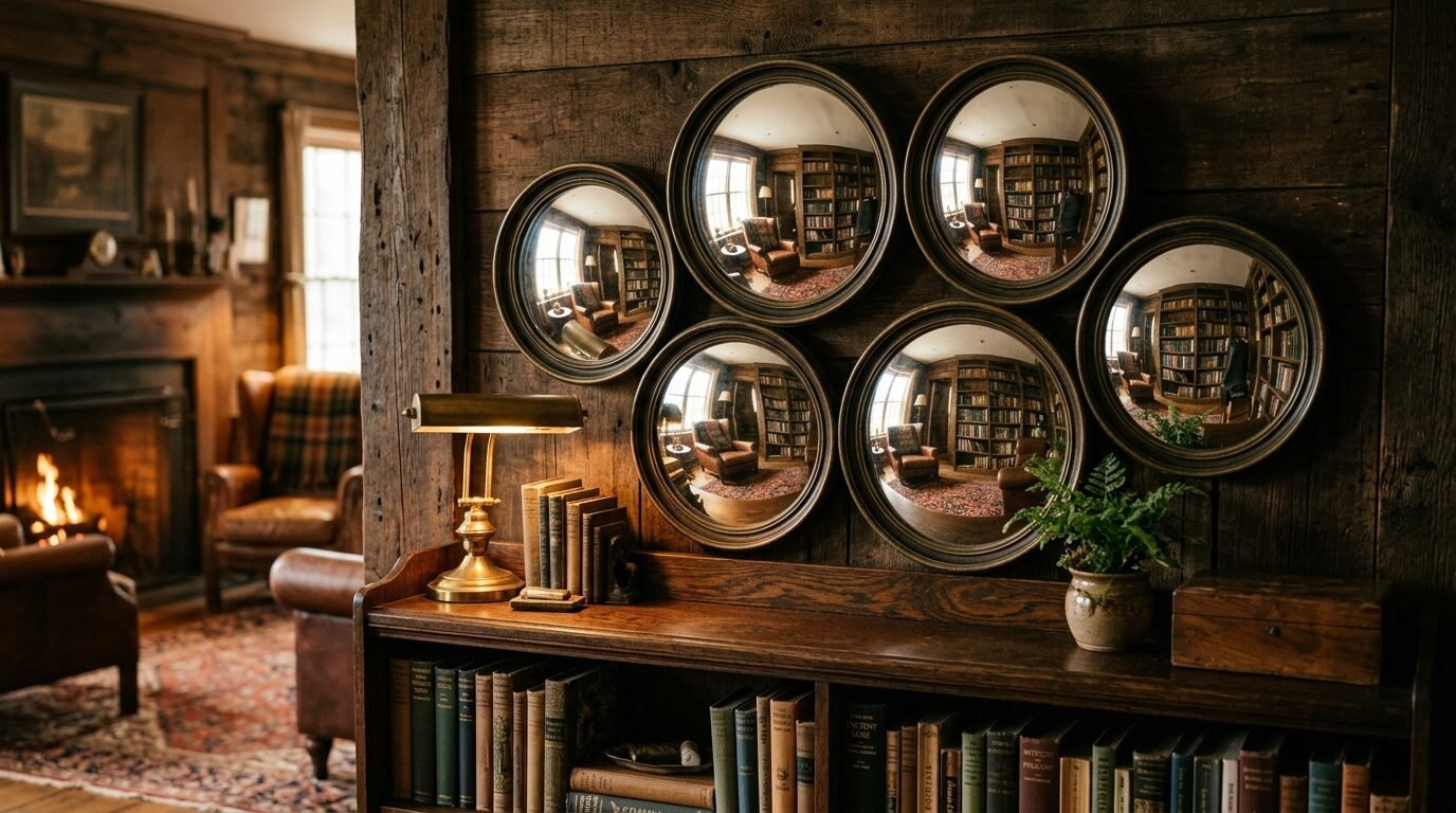 A rustic wooden wall featuring five circular mirrors above a bookshelf filled with vintage books and a brass lamp.