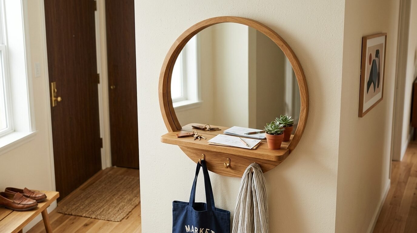 Round wooden wall mirror featuring a small shelf, brass coat hooks, and decorative succulent plants.