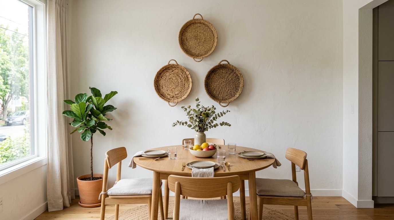 A round wooden dining table surrounded by chairs under a trio of circular wicker wall hangings.