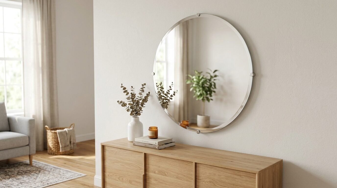 Round mirror with a silver frame hanging on a white wall over a wooden cabinet with eucalyptus and a candle.