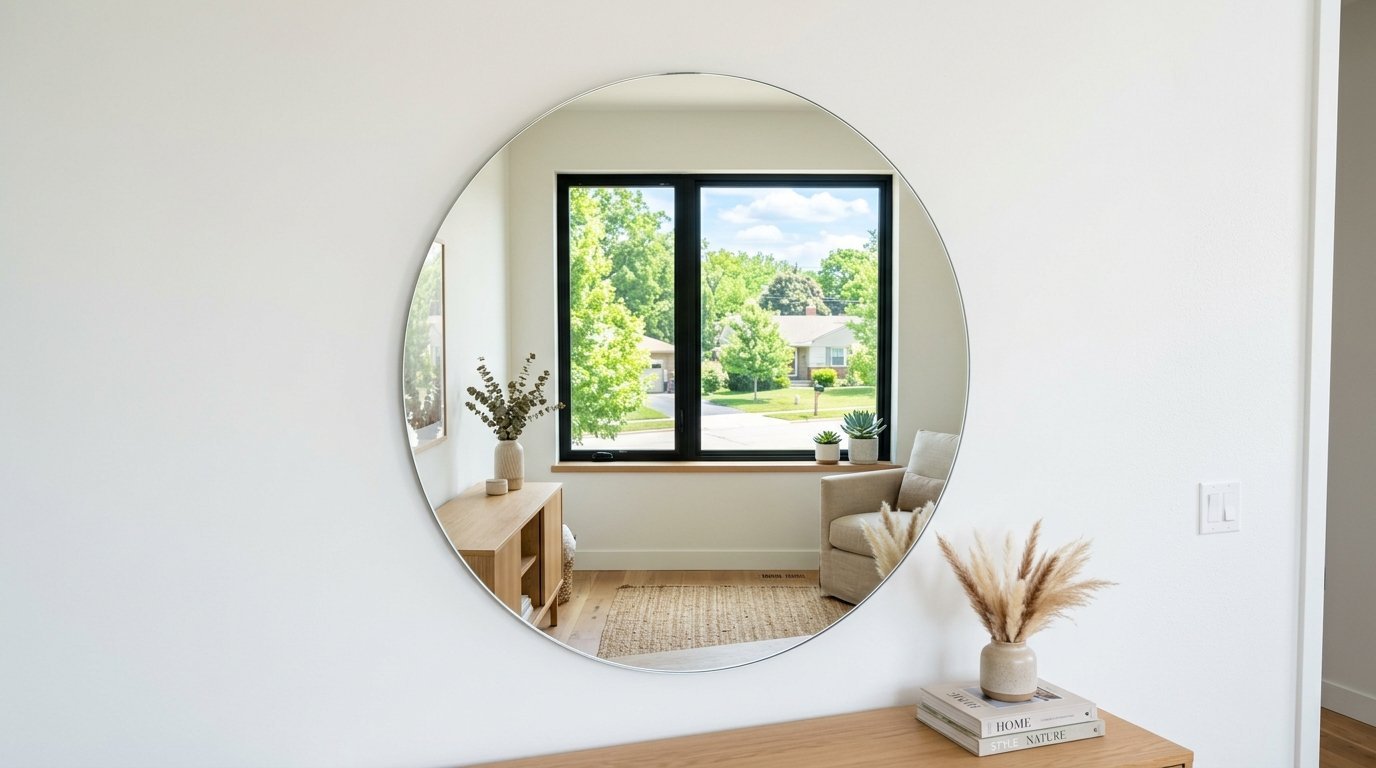 Round mirror mounted on white wall showing reflection of cozy seating area and bright neighborhood view