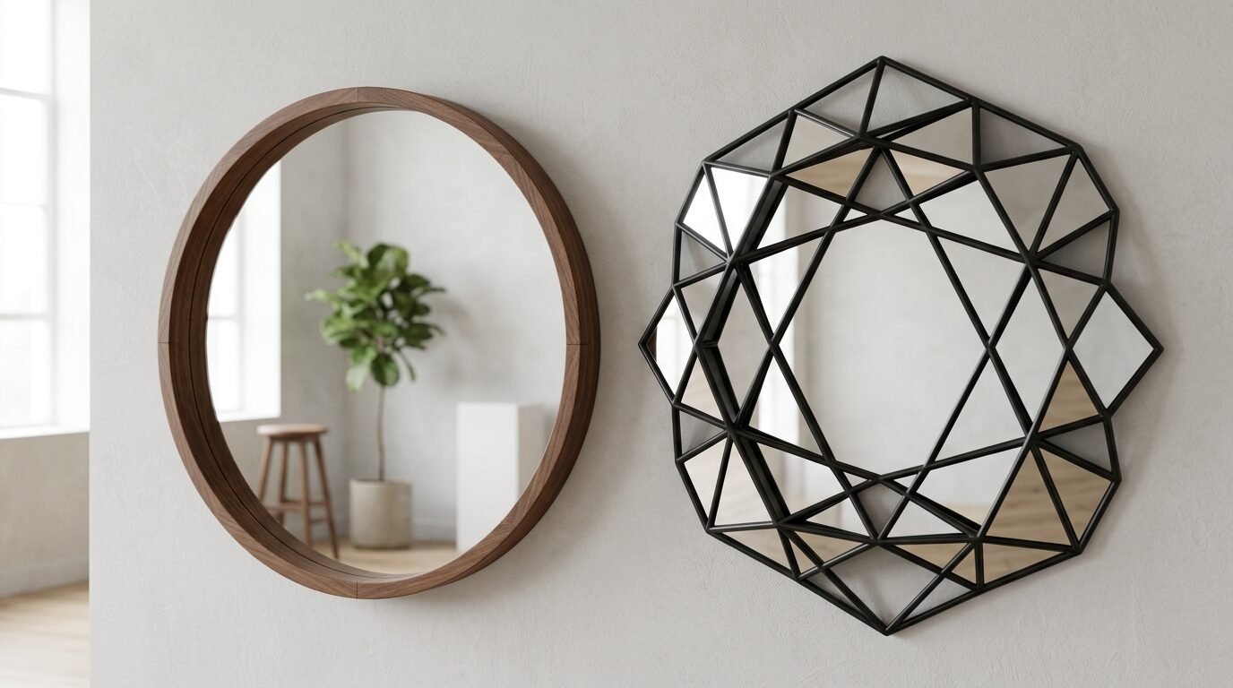 Round wooden frame mirror hanging next to a decorative black metal faceted mirror on a white wall.