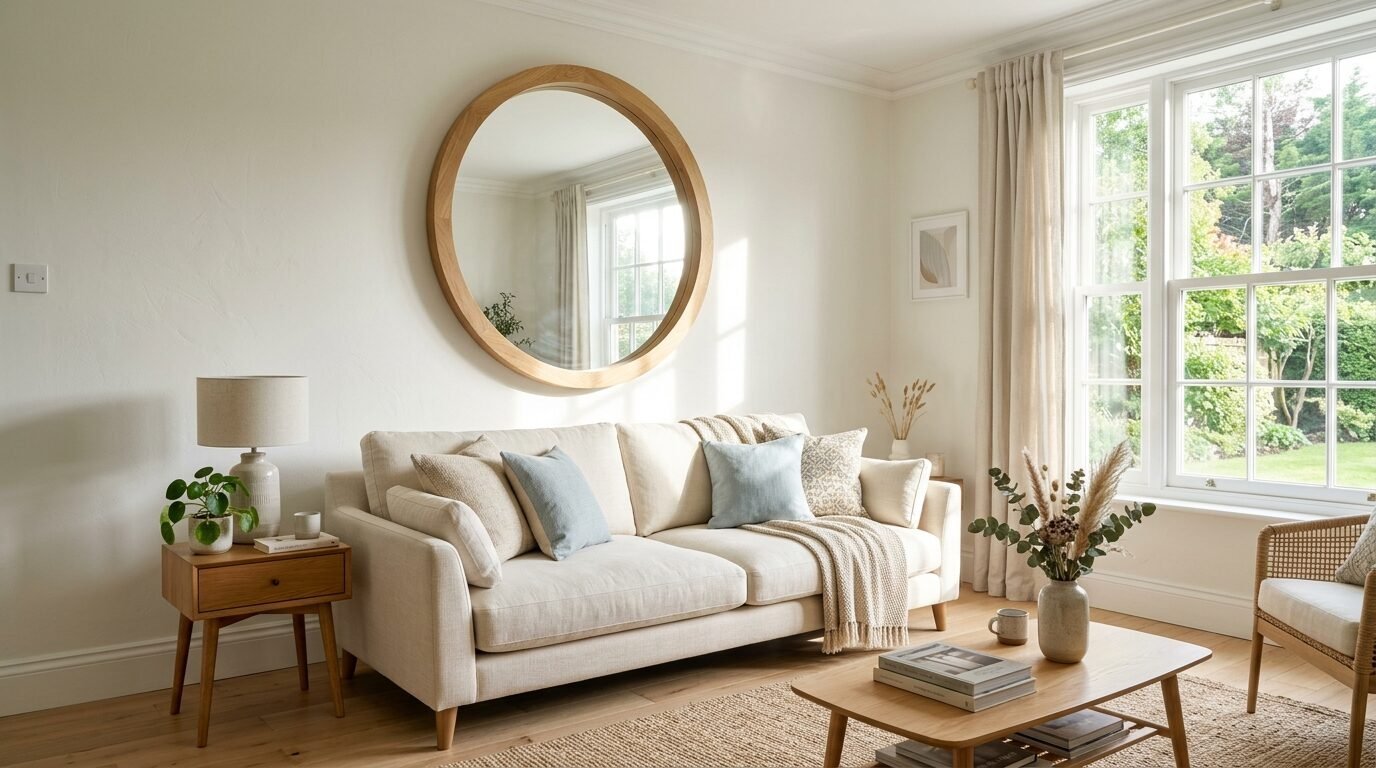 Bright living room with a beige sofa, round wood-framed mirror, and natural light from a large window.