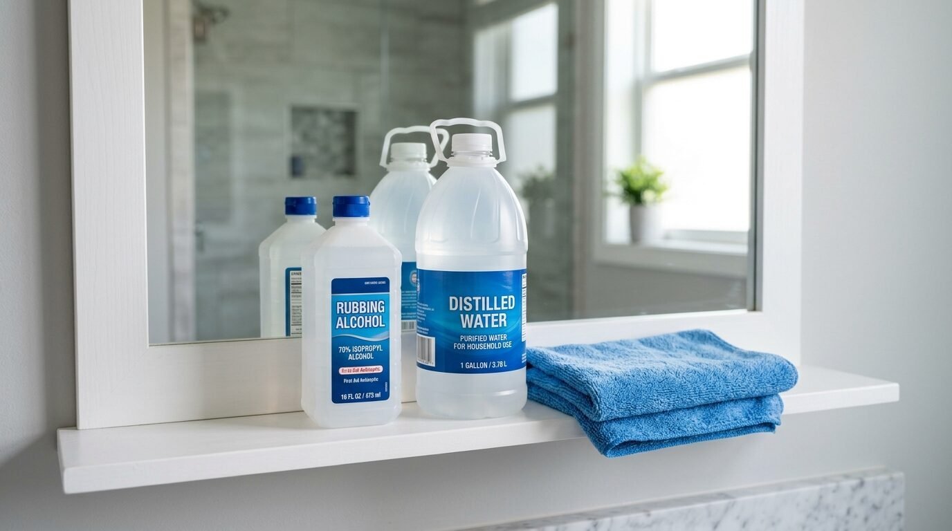 A bottle of rubbing alcohol next to a gallon of distilled water and a folded blue towel on a white bathroom ledge.