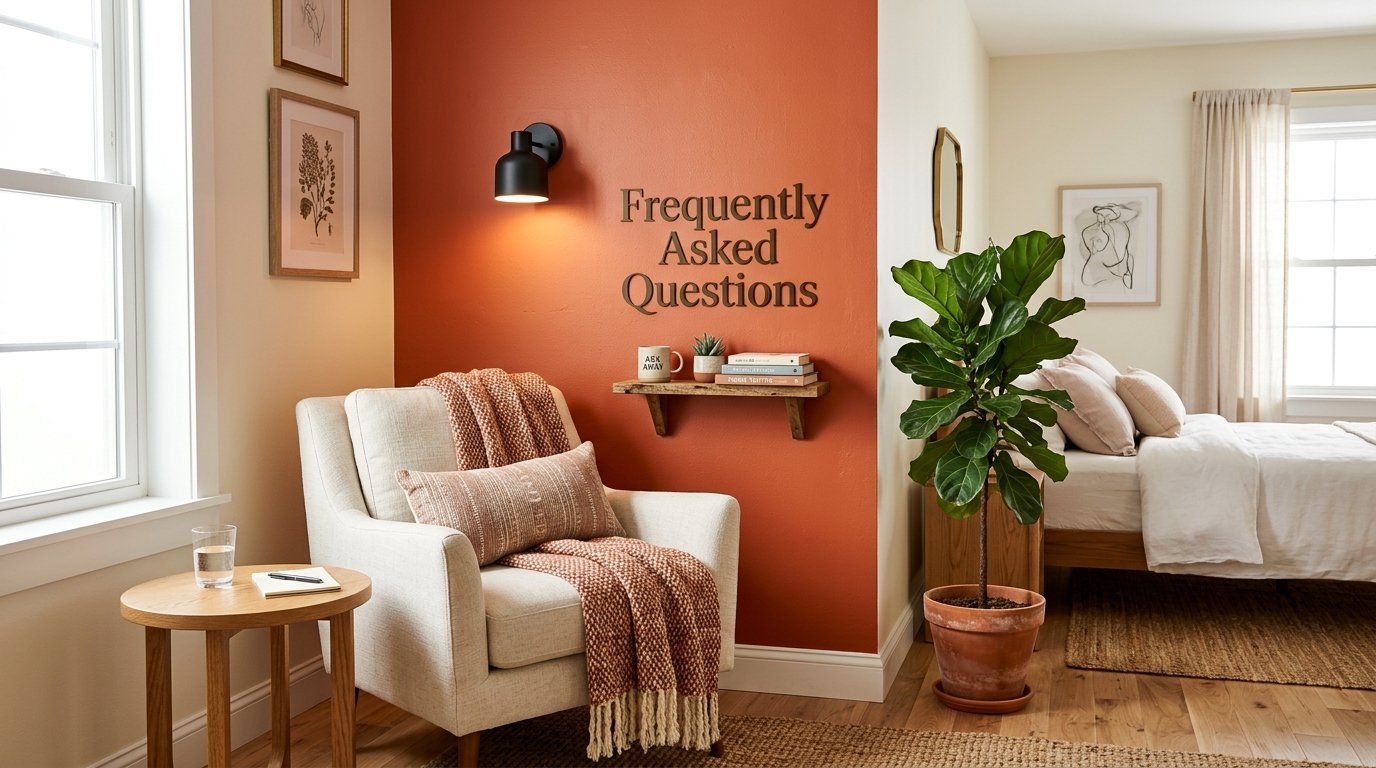 A beige armchair with a textured throw blanket sits in front of a rust-orange wall with a floating shelf and FAQ sign.