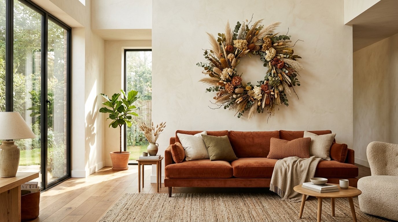 Modern living room with a burnt orange sofa, textured cushions, and a giant dried floral wall wreath.