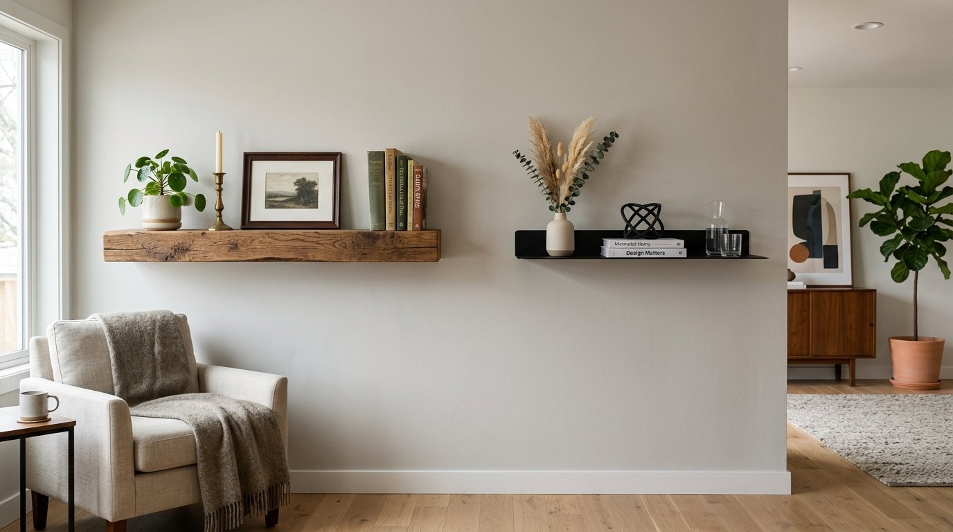 Living room wall showcasing a thick reclaimed wood shelf next to a minimalist black metal ledge with dried flowers.