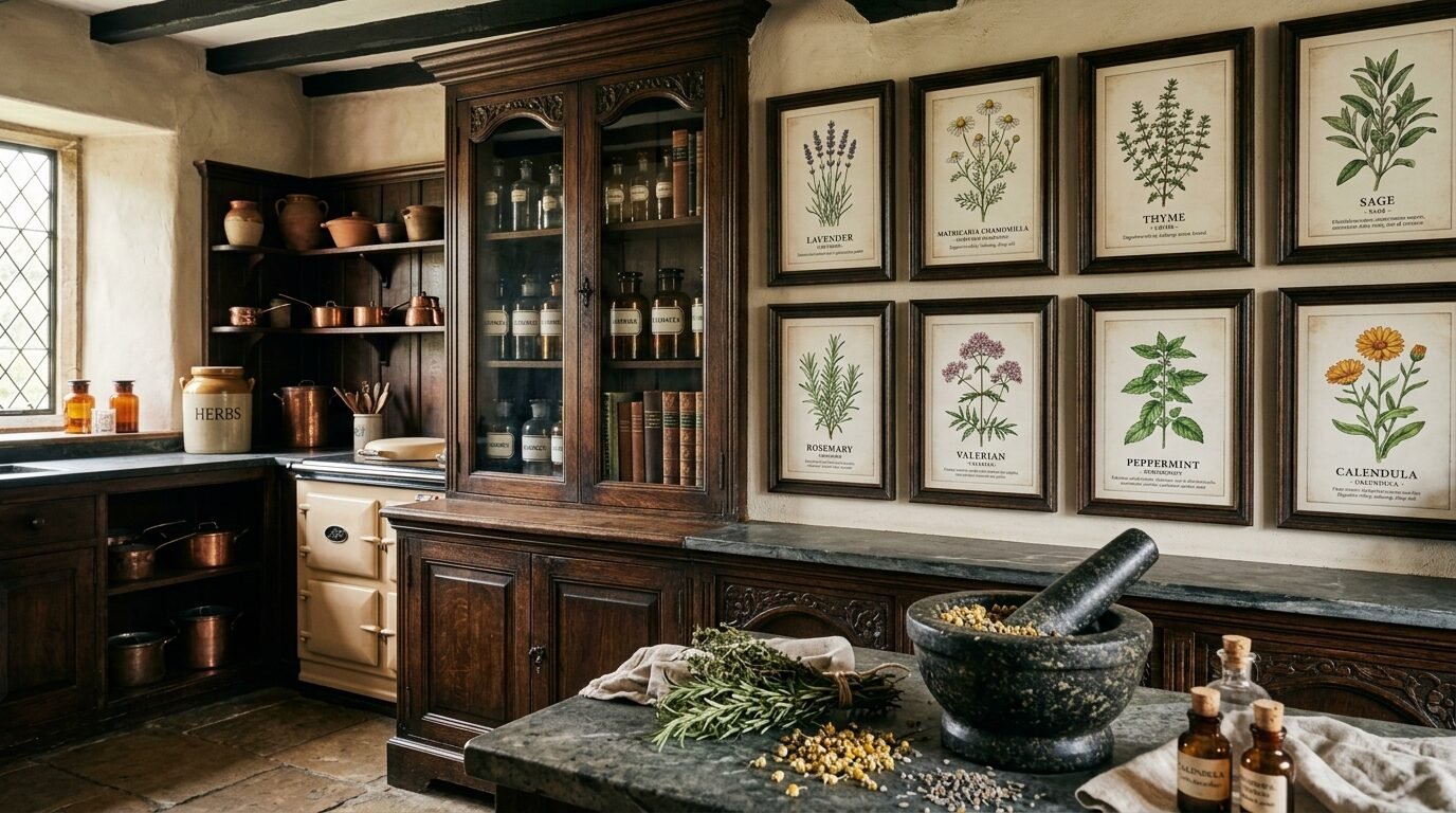 A rustic kitchen with wood cabinetry, glass herb jars, and framed botanical prints of herbs on the wall.
