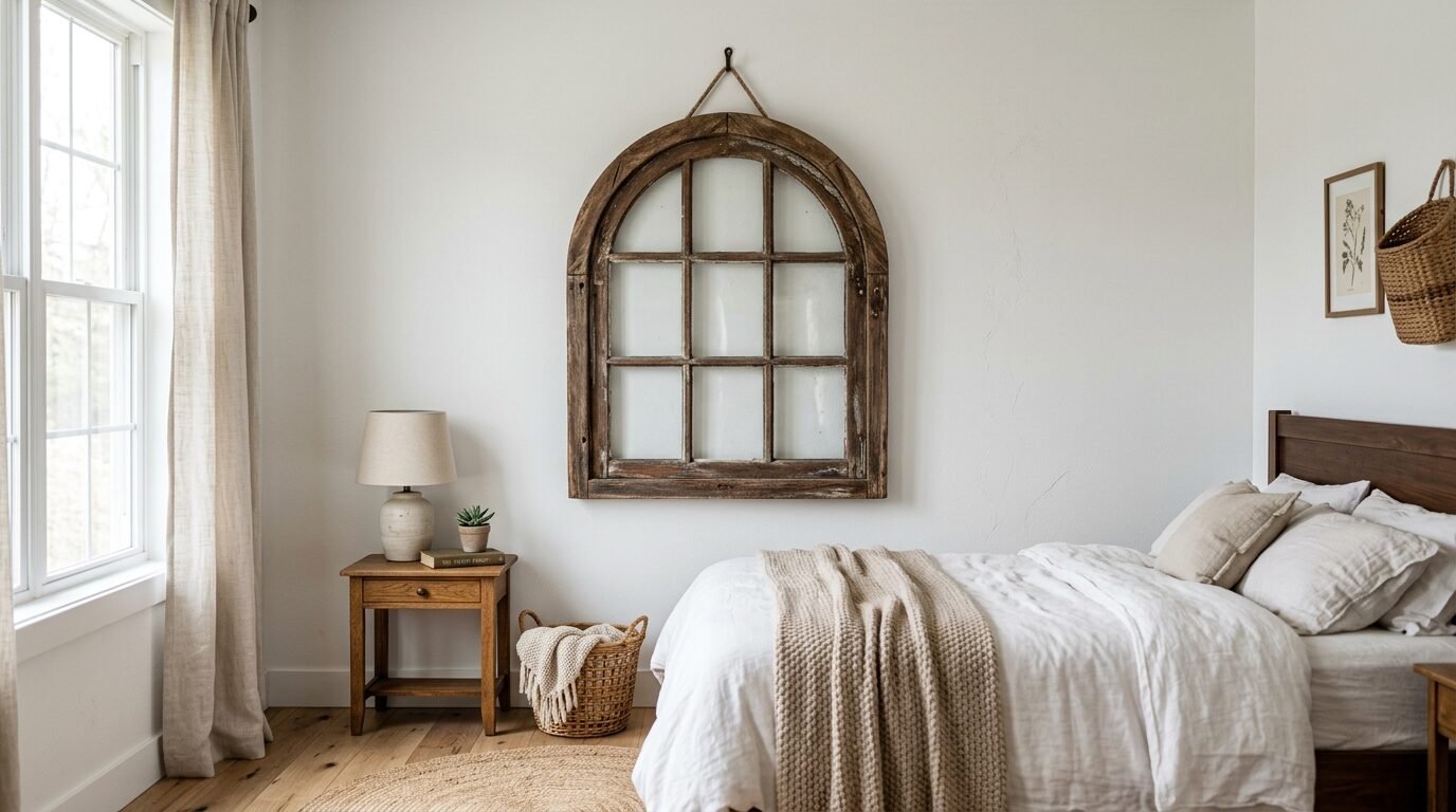 A vintage wooden arched window frame displayed as wall art above a bed with white and beige linen bedding.