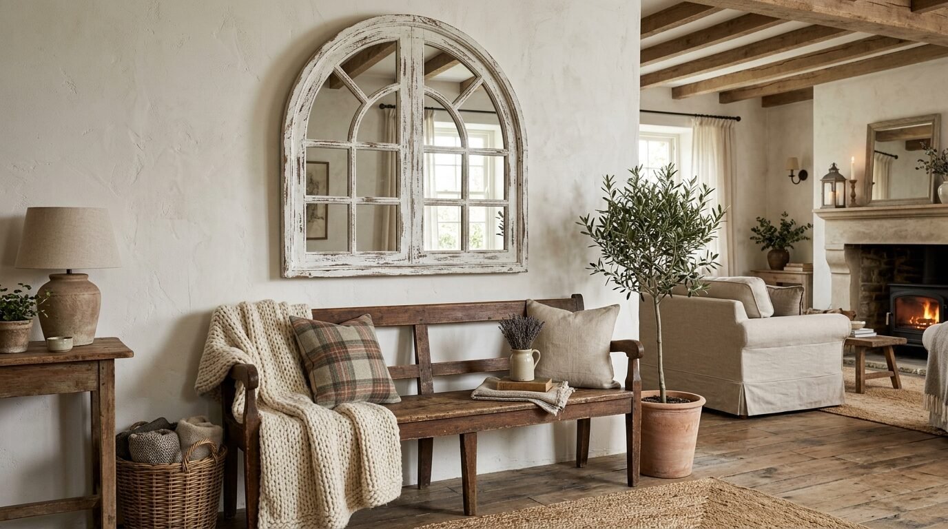 A white distressed arched wall mirror hangs over a wooden bench with throw pillows and a knitted blanket.