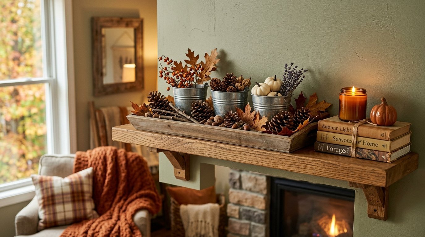 Wooden mantel styled for autumn with metal pails of pinecones, small white pumpkins, and a lit jar candle on books.