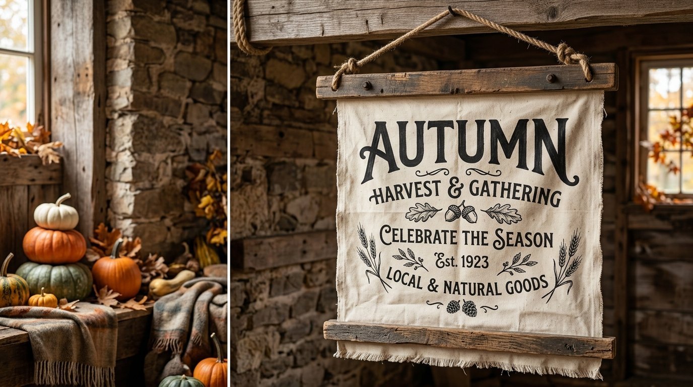 Canvas wall hanging with Autumn Harvest and Gathering text displayed in a rustic room with pumpkins.