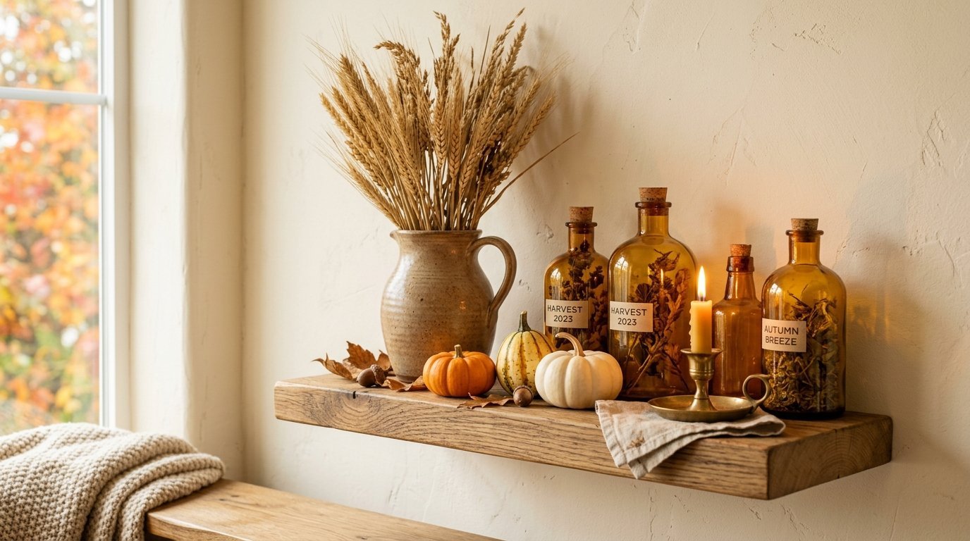 Decorative shelf featuring small pumpkins, dried wheat in a jug, and amber glass bottles with autumn labels.