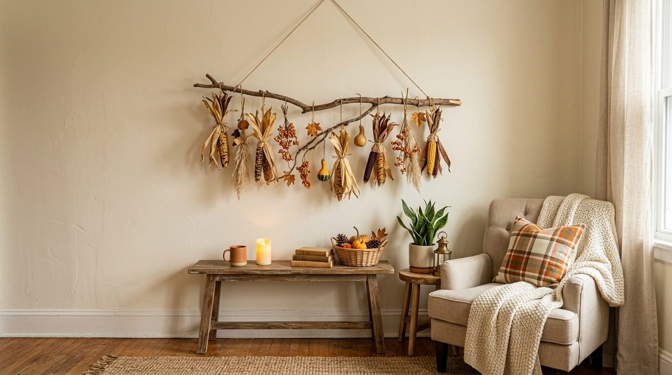 A decorative branch hung on a wall with dried corn stalks, berries, and gourds above a wooden bench and beige armchair.
